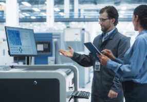Caucasian Industrial Engineer And Hispanic Female Supervisor Using Tablet And Talking At Electronics Factory. Man Using Soldering Jet Printer, Explaining Process Behind Production Of New Microchips. - stock photo