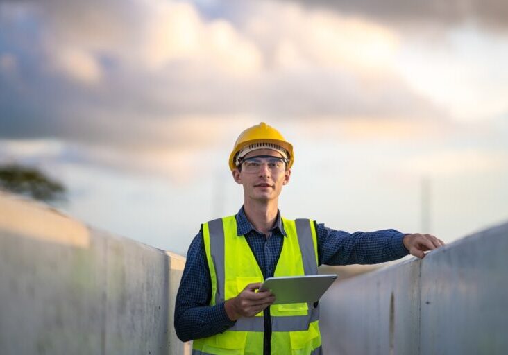 Engineer and tablet check quality concrete at heavy construction site. Civil engineer check concrete gutter at construction site.