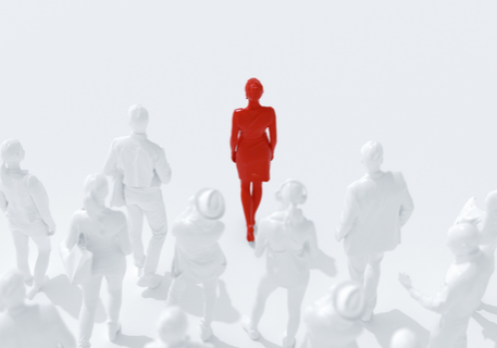Female figure in red surrounded by other figures in white