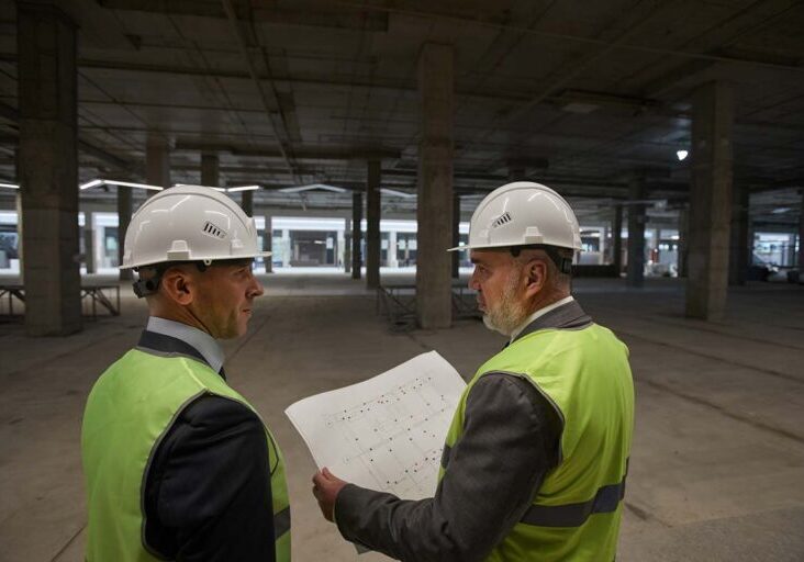 Back view at two business people wearing hardhats and holding plans while standing at construction site, copy space