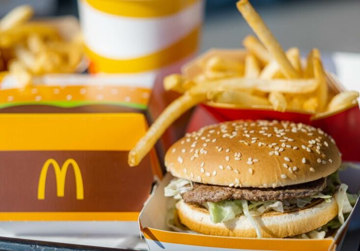 tray full of fast food in McDonalds Restaurant, Big Mac Menu with McDonalds logo box, Cheeseburger, French fries, Cola, 23.03.20 Kemer Turkey.