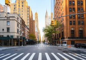 Street in Manhattan Downtown with Crysler Building, New York City, USA