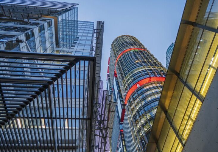 Futuristic city office buildings at night Sydney