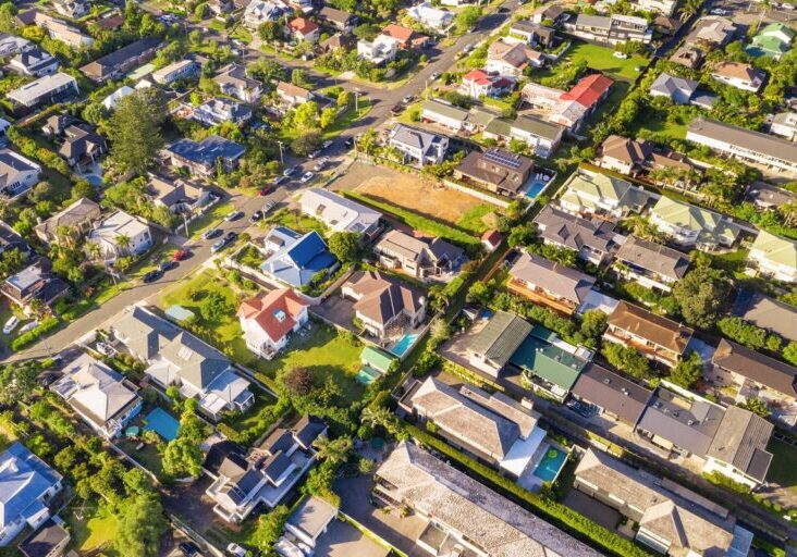 Photographed in January, an aerial view of detached homes