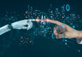 A man interacts with a smart robot, utilizing AI and machinelearning to facilitate deep learning and data exchange, showcasing the synergy of human and artificial intelligence