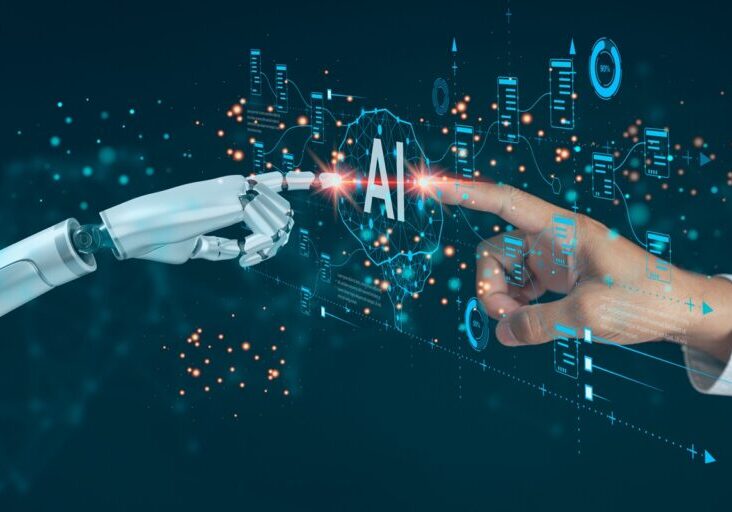 A man interacts with a smart robot, utilizing AI and machinelearning to facilitate deep learning and data exchange, showcasing the synergy of human and artificial intelligence A man interacts with a smart robot, utilizing AI and machinelearning to facilitate deep learning and data exchange, showcasing the synergy of human and artificial intelligence