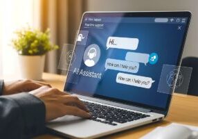 Person using laptop with ai assistant chatbot on screen and plant in background on a wooden table