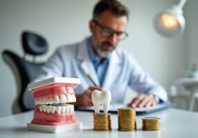 Dentist office scene with dental model tooth and coins representing cost of care. A doctor writes notes. Concept illustrates dental health expenses and financial investment.