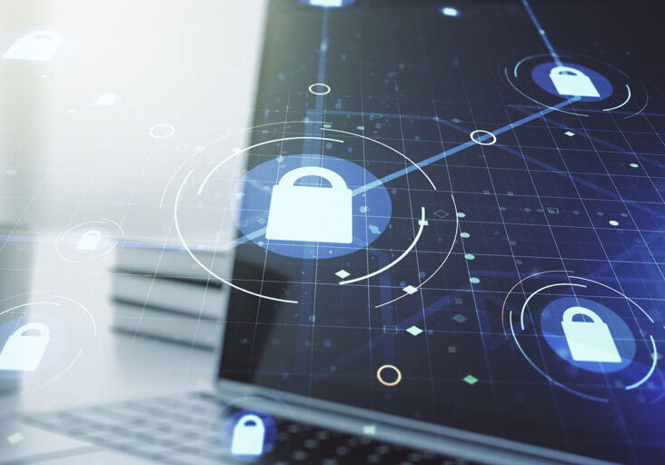 Creative light lock illustration with microcircuit on modern computer background, cyber security concept. Multiexposure