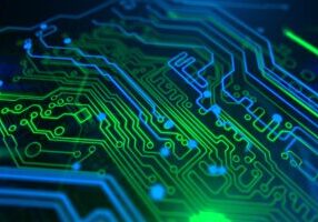 Abstract Technology background Circuit board futuristic server code processing PCB, Code, HTML Blue, green background with digital integrated network technology Printed circuit board