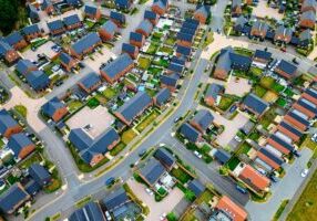 Aerial view of new housing development in southeast England