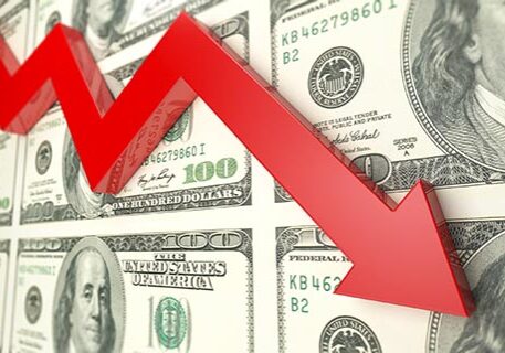 Red arrow And dollar finance decline graph. (Red arrow shows dollar's decline index ) Finance chart, dollar, and red arrow concept.